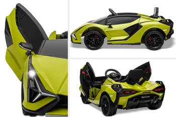 Triptych image of lime green Lamborghini ride on toy