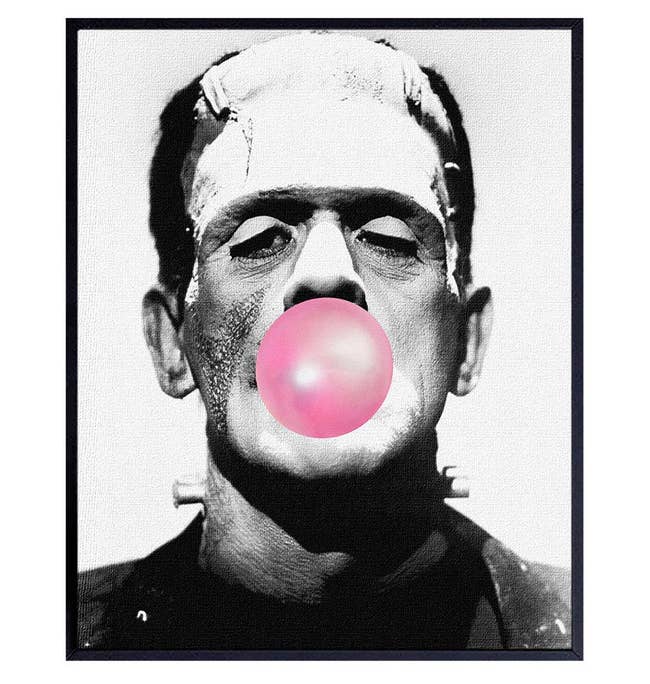 a pic of Frankenstein blowing a gum bubble