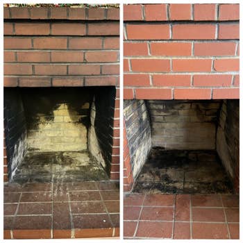reviewer's red brick chimney looking noticeably brighter, cleaner, and more vibrant, with less soot stains, after the cleaner was used.