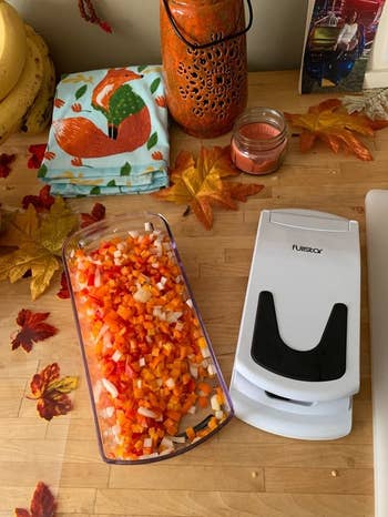A reviewer's Fullstar vegetable chopper beside a glass container of chopped vegetables on a kitchen counter, surrounded by autumn leaves