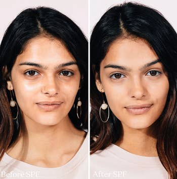 before-and-after of model with shiny skin (left), and same model with more matte-like complexion (right) after using the sunscreen