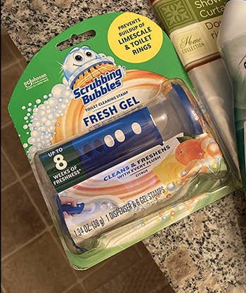 Packaging of Scrubbing Bubbles Fresh Gel toilet cleaner with dispenser and gel stamps visible
