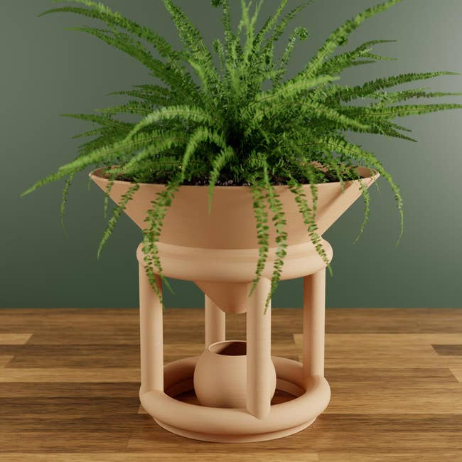 Decorative works with cascading greenish fronds successful a modern, geometric beige cookware connected a woody floor