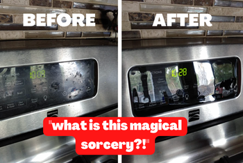 Reviewer before and after pic of their dirty stove display and then cleaned with a quote that says 
