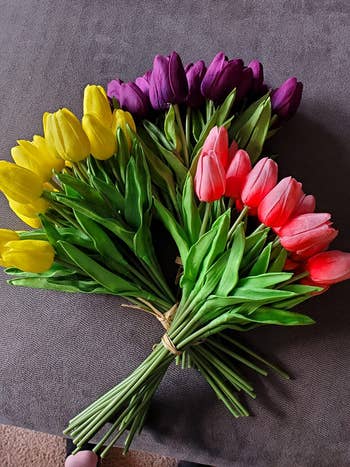 sets of the yellow, purple, and pink tulips