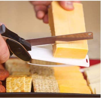 Model using it to cut a block of cheese 