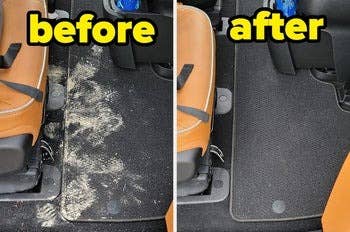 left: reviewer before photo of car backseat floor full of sand and dirt / right: after photo of it cleaned up with the vac