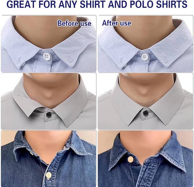 Comparison of garment collars earlier and aft utilizing a fastener extender for added comfortableness and acceptable connected antithetic garment styles
