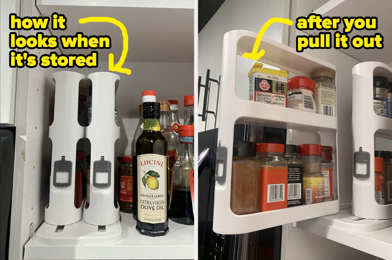 Two slim profile spice holders in a cabinet, and a second pic with a reviewer pulling one of them out and rotating it open for easy access 