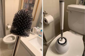Left: reviewer showing close up of gray silicone bristle on toilet brush / right: reviewer photo of the brush in its holder