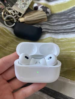 reviewer holding their AirPods in case