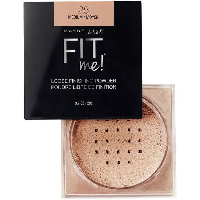 Maybelline Fit Me Loose Finishing Powder in shade 25 Medium. Open container showing powder with sifter