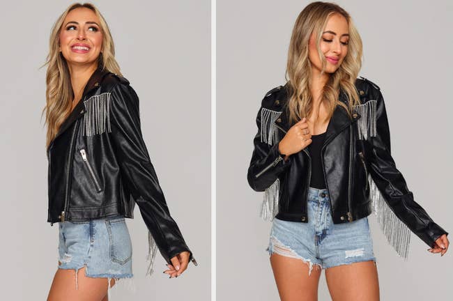 Two images of model wearing black jacket
