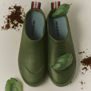 Green slip-on shoes with basil leaves and ungraded astir them, suggesting an eco-friendly theme, by the marque SeaVees