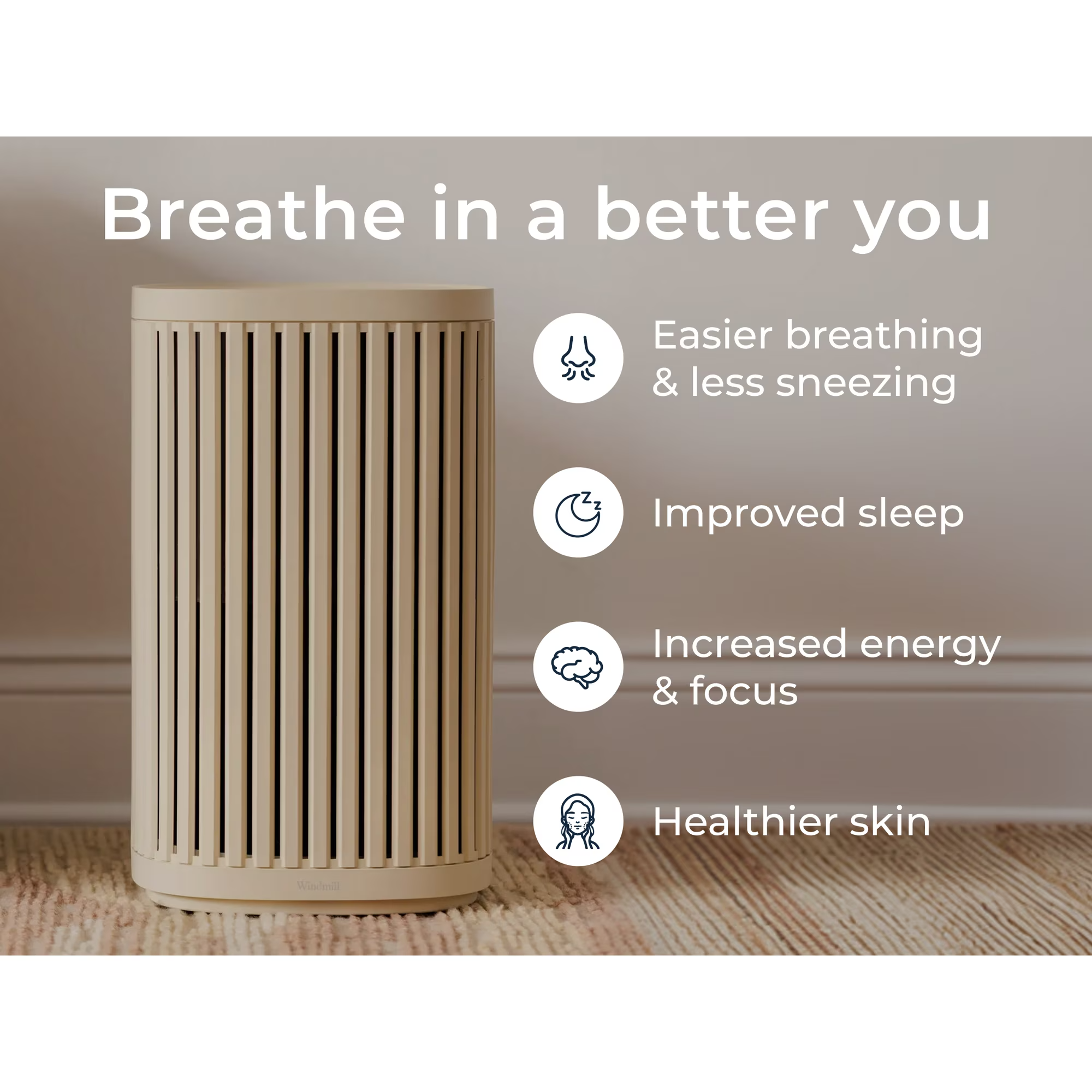 Air purifier promoting easier breathing, improved sleep, accrued  energy, and healthier skin. Image for a buying  article