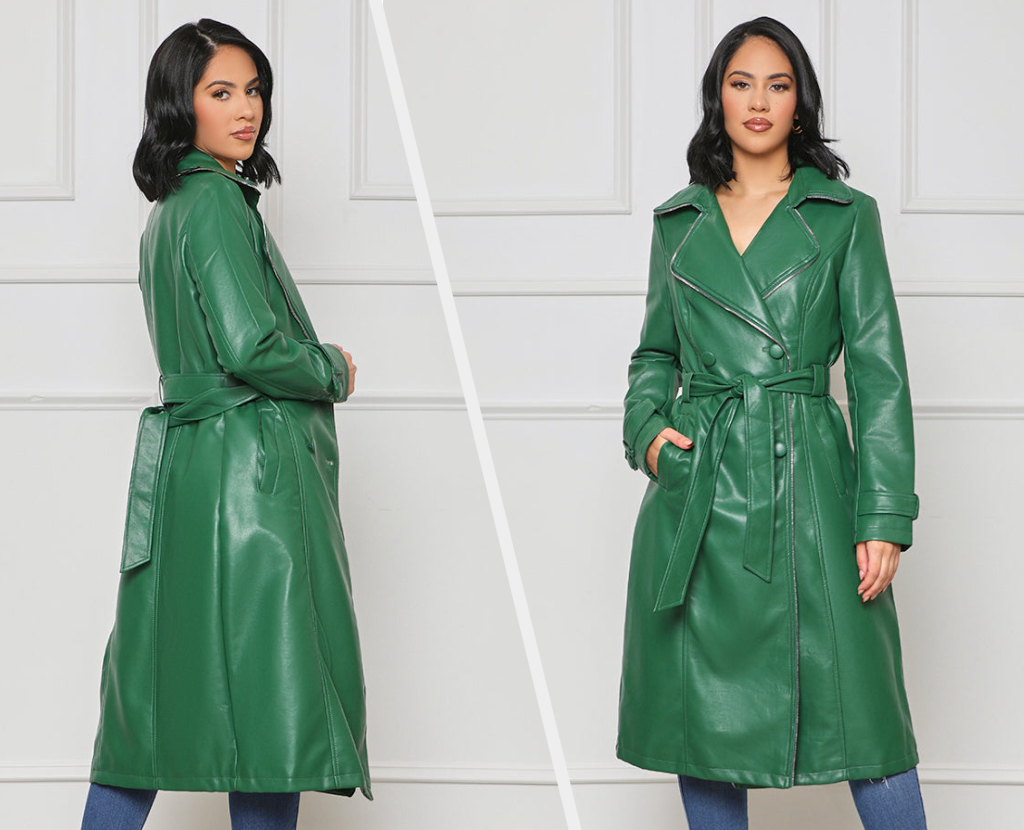 two images of a model wearing the green coat