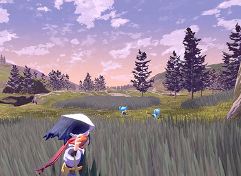 screenshot of the player character hiding in grass about to toss a poke ball