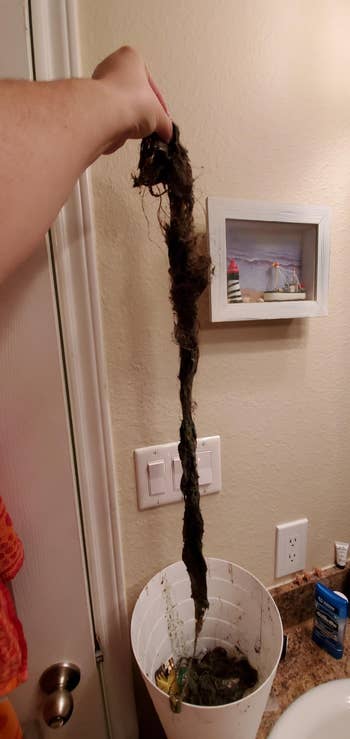 the reviewer holding a long clump of hair removed from their drain