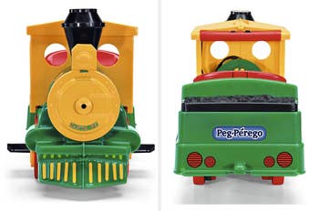 Split image of front and back of yellow, green, and red ride-on train