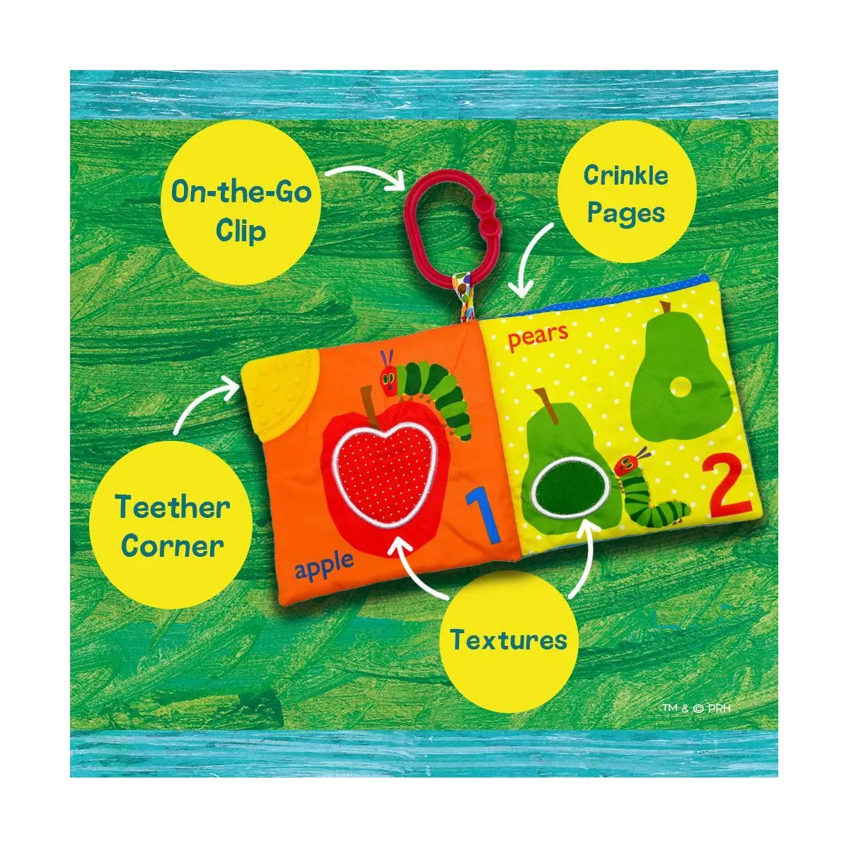 Infant brushed  publication  with pome  and pear illustrations, featuring a clip, crinkle pages, teether corner, and textured sections for sensory play