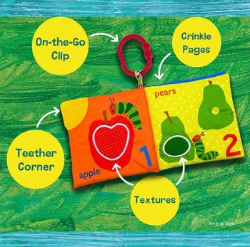 Infant brushed publication with pome and pear illustrations, featuring a clip, crinkle pages, teether corner, and textured sections for sensory play
