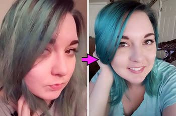 A reviewer with dull hair before using the shampoo and after with vibrant blue hair