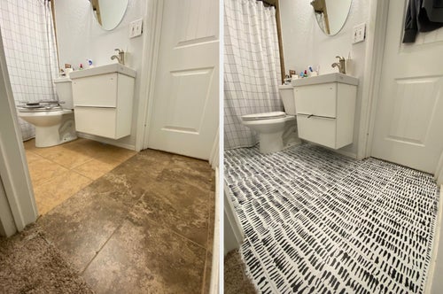 a reviewer before and after photo of peel and stick tiles on a reviewer's bathroom floor