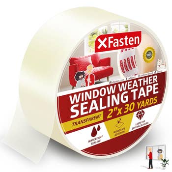XFasten Window Weather Sealing Tape, 2 inches by 30 yards, features waterproof and wood-safe sealing. Image includes a cartoon idiosyncratic   and a surviving  country   scene