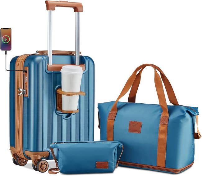 Three-piece luggage set with suitcase, travel bag, and toiletry pouch