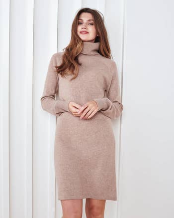 model wearing the turtleneck sweater dress in beige