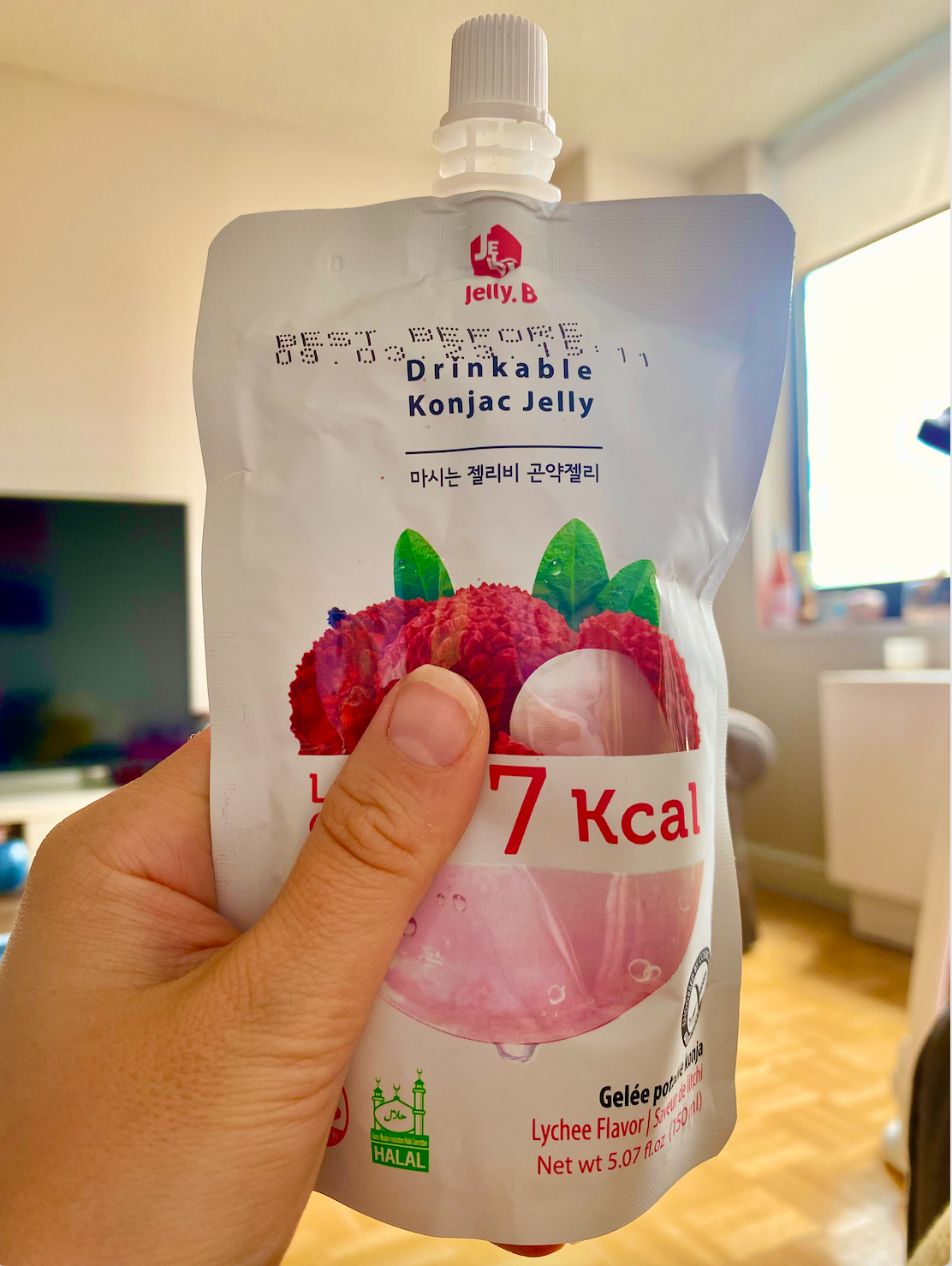 A pouch of lychee flavored drinkable jelly 
