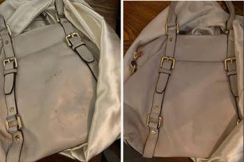 Two side-by-side views of a white designer bag with scuff marks that are erased 