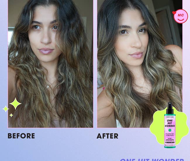 A before and after of a model using the leave-in spray