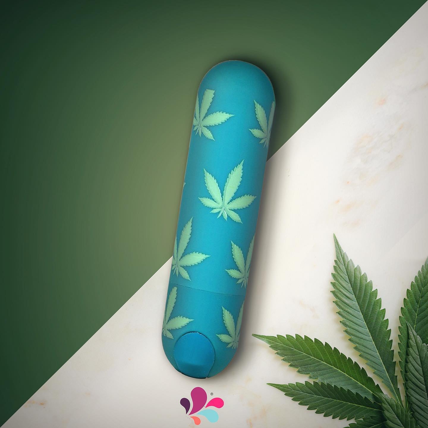 Blue and green bullet vibrator with marijuana leaves