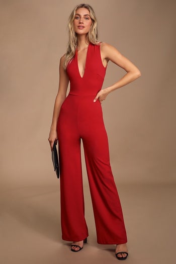 Image of model wearing red jumpsuit