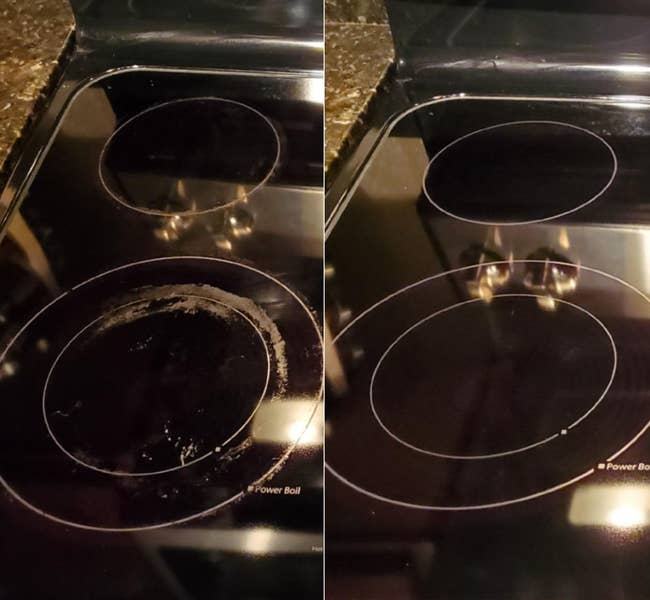 A reviewer's before and after of a stained stovetop made clean again 