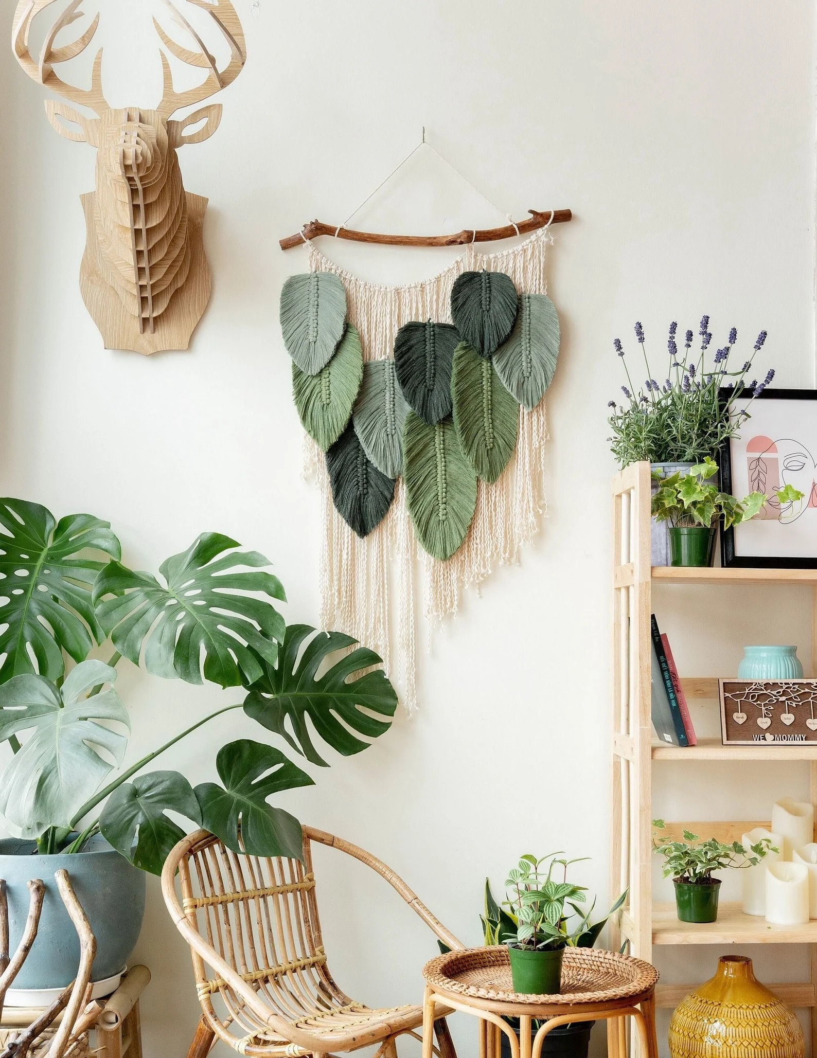 nursery wall with macrame leaf art
