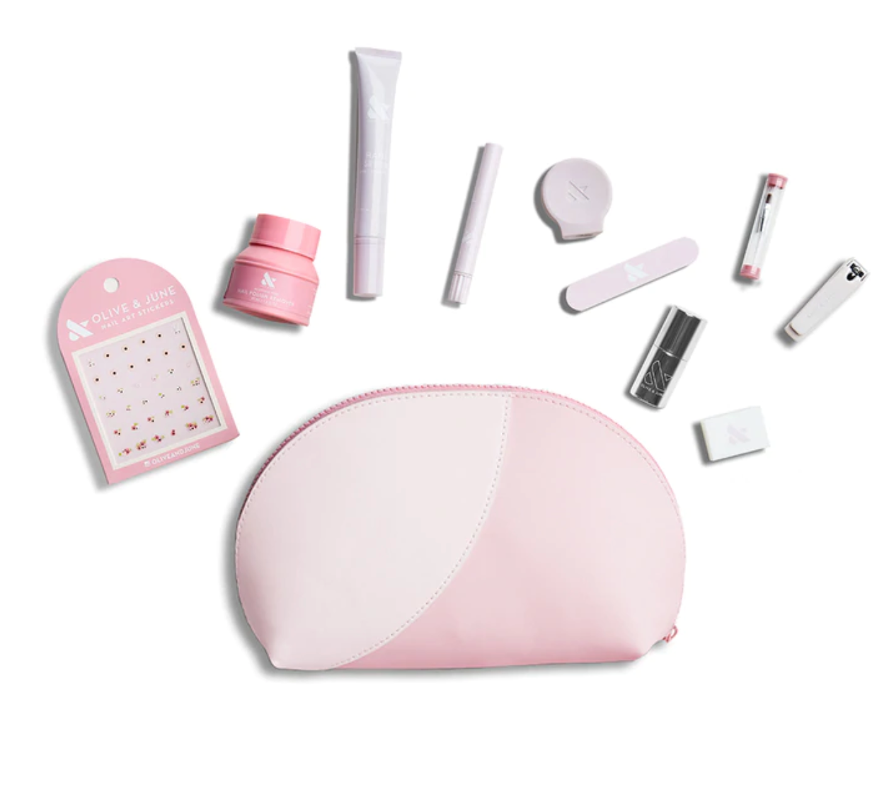 the pink bag with all the manicure essentials included above it