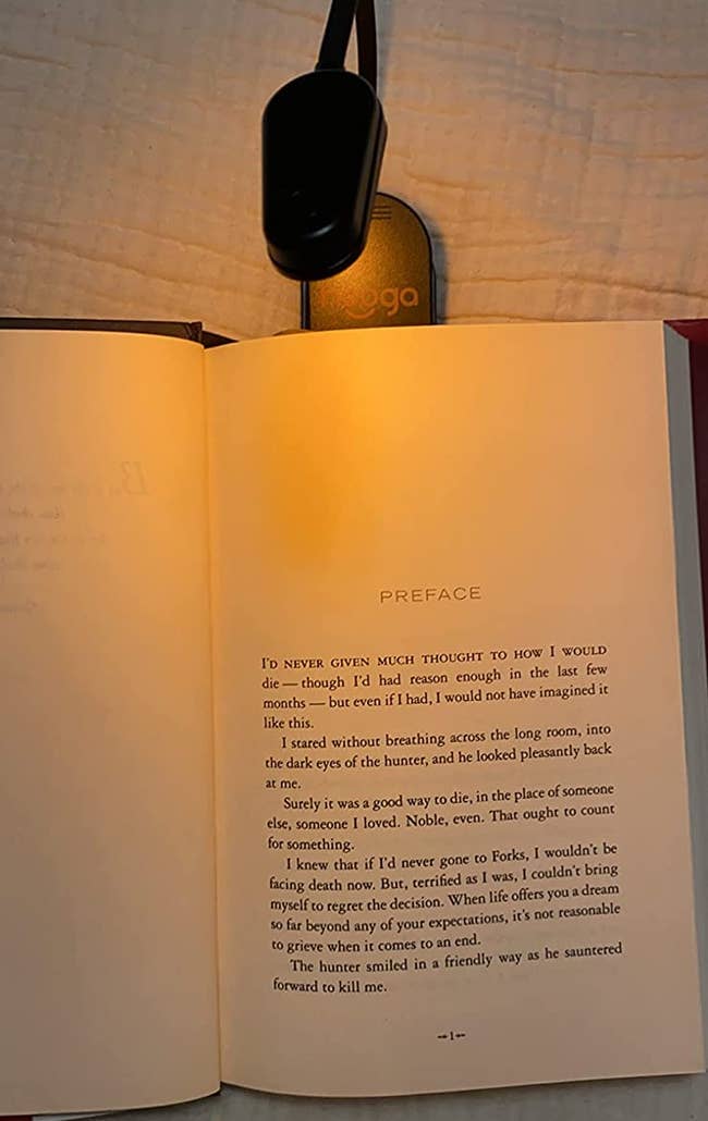 a clip on amber light used to read a book at night