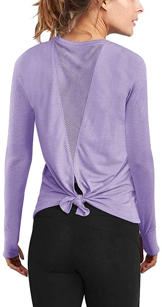 model in purple long sleeve tie-back workout top with mesh back 