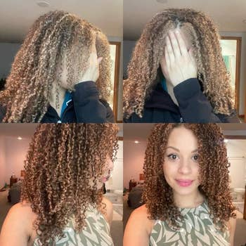 A reviewer with curly hairsbreadth  showcases earlier  and aft  styling results, highlighting improved curl explanation  and measurement   successful  a location  setting