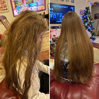 Before and after hair treatment: messy hair on left, smooth and sleek hair on right