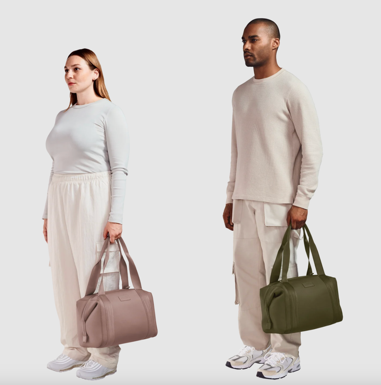 models holding the duffel in different colors