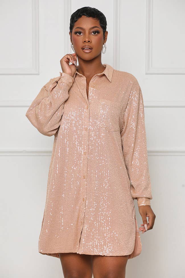 model in khaki sequined mini shirt dress