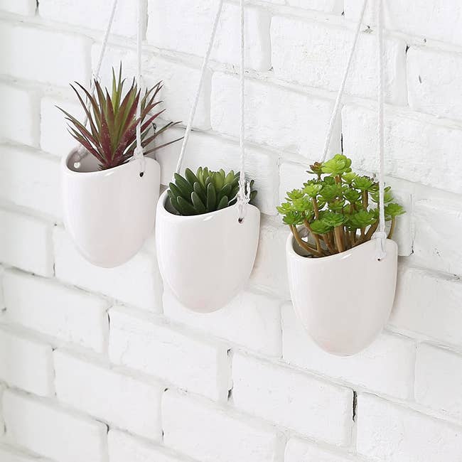 three white ceramic planters with succulents in them hanging on a white brick wall