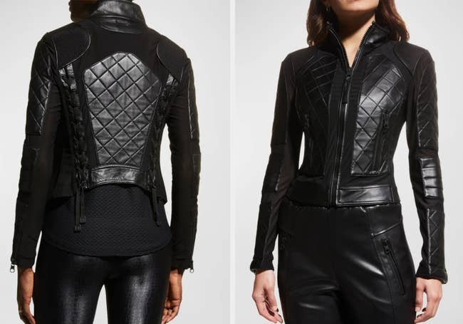 Two images of models wearing the leather jackets
