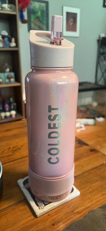 pink water bottle with straw flip lid