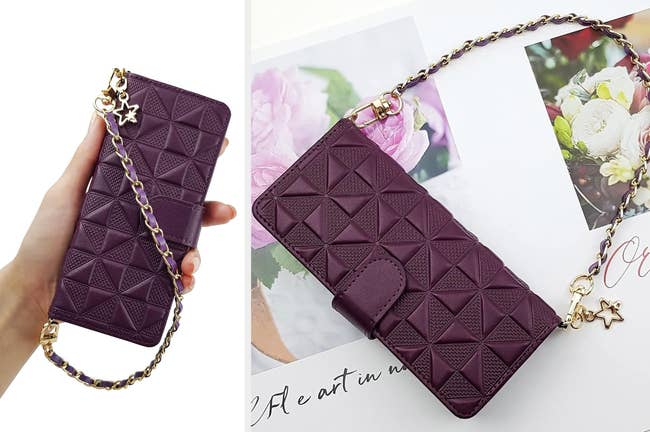 Model holding purple leather phone case with magnetic closure and gold star braided strap, product laid on table with strap attached in purse shape