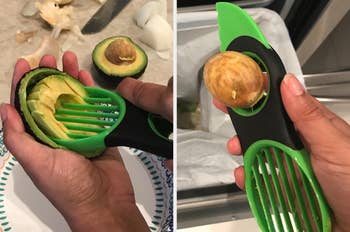 left: reviewer using tool to evenly slice avocado after pitting / right: reviewer throwing away pit after using the tool on avocado