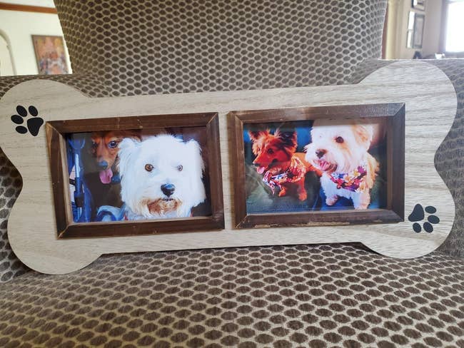 Reviewer image of bone-shaped picture frame with two photos